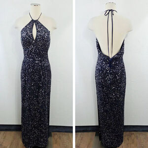 Vintage Scala beaded sequin gown formal dress navy blue halter open back large